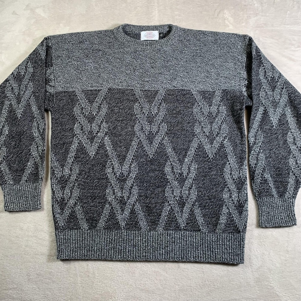 VTG Design Concepts Sweater Mens XLT Gray Black Crewneck Geometric Knit Made USA
